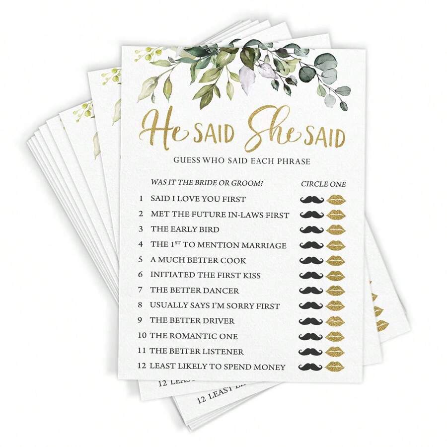 10/20/30/50 Stücke bedrucktes Partyspiel für Bridal-Shower - Er sagte, sie sagte Spiel mit lustigen Braut und Bräutigam Trivia, Aktivität für Hochzeitsdusche, botanisches Eukalyptus-Thema