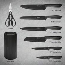 HUNTER.DUAL Knife Set, 8-Piece Kitchen Knife Set For Chef, Sharp Knife Set With Universal Knife Block, Anti-Rust Kitchen Knife Block Set, Ergonomical Design (Black)