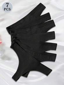 7pcs/Set Seamless Low Waist Sexy Ribbed Panties, Comfortable Breathable Yoga Sports Briefs & Thongs For Women - Black - View 6