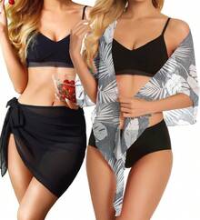 CHICGAL 2 Pieces Women Beach Sarong Bathing Suit Wrap Skirt Sheer Bikini Swimsuit Cover Ups Swimwear - 黑色和灰色的葉子 - 查看 2