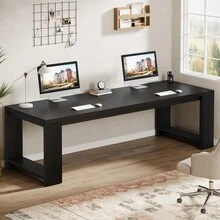 Escritorio Tribesigns para 2 personas, escritorio extra largo de 86,6 pulgadas, mesa doble para escribir en computadora, escritorio grande totalmente de madera para oficina en casa, roble natural - Negro - Ver 11