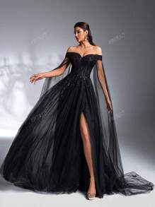 IBTRLY Elegant Black Off Shoulder V-Neck Mesh Full-Dress Formal Party Evening Dress