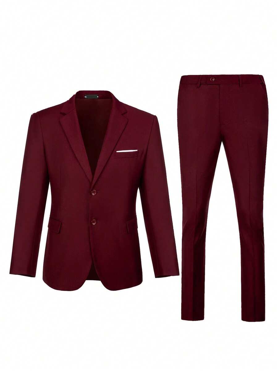 Suits For Men 2 Pieces Suit Set Wine Red Solid Color Blazer Jacket Dress Pants With Pockets Formal Outfit For Wedding Party Business Occasions Sizes XS- XXXL - Burgundy - View 1