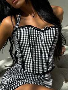 Yuwenier Sexy Elegant Bow Front Boned Lace Trim Splicing Halter Corset Tops Black And White Checkered Backless Lace Up Suitable For Party Going Out Halloween's Festival Outfit