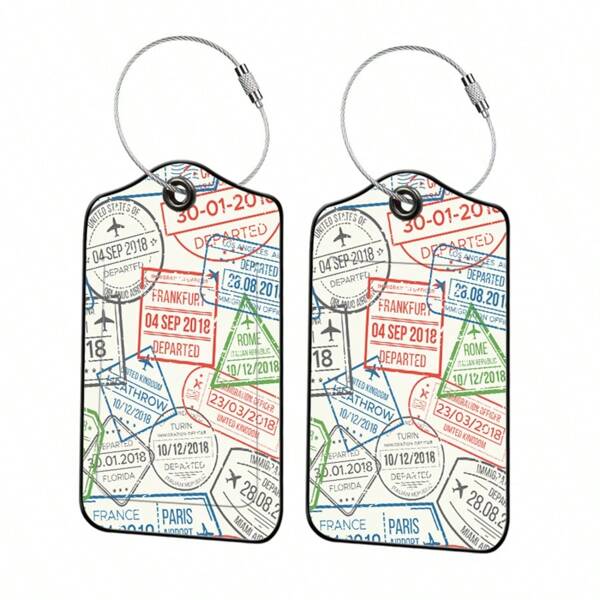 Conjunto de 2 etiquetas de bagagem com estampa de carimbo de viagem colorida, etiquetas de bagagem com informações de identidade, decoração personalizada para malas, mochilas, bolsas ou pacotes grandes