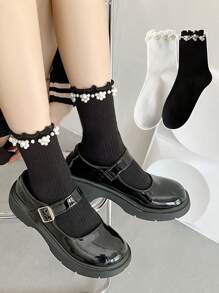 1/2 par de calcetines hasta la rodilla de estilo elegante con encaje y perlas, de color blanco y negro, para mujeres en verano, de moda versátil