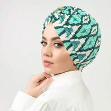 1PC Fashionable Versatile Feather Metallic Gold Print India-Style Head Wrap Turban, Cancer Chemo Hat For Hair Coverage