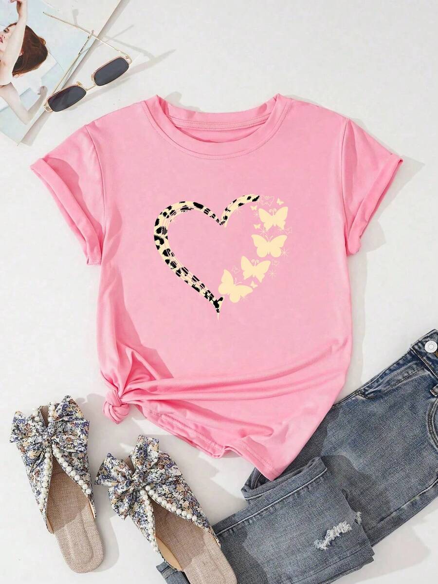 Camiseta gráfica de mujer de manga corta con cuello redondo, de moda con estampado de corazón, para uso diario casual - Rosa - Ver 1