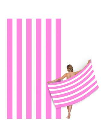 1 件成人速干超细纤维沙滩巾，粉色和白色/蓝色和白色条纹沙滩巾，轻质健身房瑜伽运动毛巾，紧凑型旅行夏季沙滩巾，男女皆宜