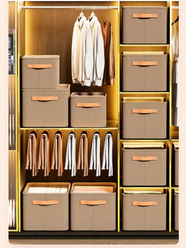 2025 Best Selling New 1PC Khaki Foldable Non-Woven Fabric Storage Basket With Cloth Handle, Suitable For Living Room Toy Storage, Bedroom Wardrobe Clothes Storage