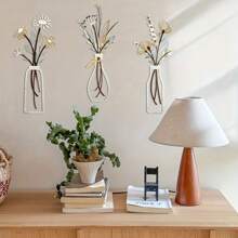 3 Pcs- Wall Sign Decoration,Metal Flowers Wall Arts , Minimalist Iron Flower Vase Wall Art, Metal Wire Decoration, Rustic Farmhouse Decor Beige Minimalist Flower Wall Decors For Living Room Bathroom Bedroom Dining Room-Housewarming Gifts Room Decor Bedroom Decor Home Decor