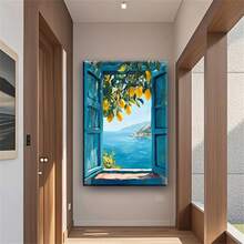 1幅地中海窗景墙画，海岸柠檬树印花帆布画，意大利海滨风景海报，蓝色美学装饰，适合卧室、客厅或公寓墙面装饰，送她的礼物，不含画框 - 彩色 - 查看 12