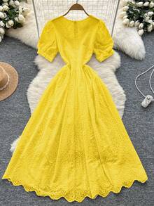 新款女装女士时尚纯色法式文艺森系V领收腰显瘦连衣裙 - 黃色 - 查看 2