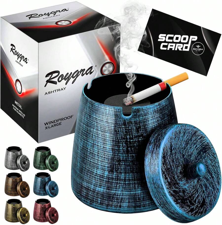 Roygra Ashtray With Lid, Windproof Smokeless Odorless Metal Tabletop Ash Tray For Outdoor Indoor Home Office Patio Balcony Decoration – Bronze, Small (3.81 X 3.08 X 3.08'') - Blue - View 1