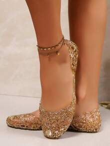 女士水晶果冻平底凉鞋，包头，镂空，透气软底，沙滩休闲轻便百搭夏季凉鞋