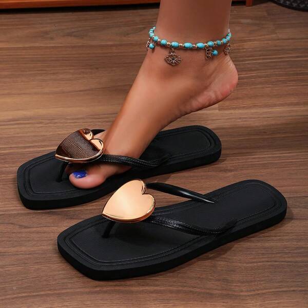 Women's Fashion Heart Buckle Glitter Flip Flops, Comfortable For Home, Party, Beach, Outdoor Use In Summer
