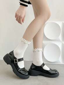 1/2 par de calcetines hasta la rodilla de estilo elegante con encaje y perlas, de color blanco y negro, para mujeres en verano, de moda versátil