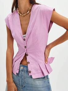 Women Y2k Button Shirt Tie Lace Patchwork Cap Sleeve Ruffle Blouse Top Fairy Going Out Top Beachwear - 粉色 - 查看 1