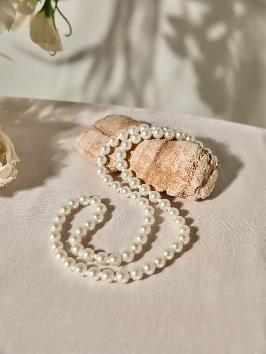 1件简约独特仿珍珠颈链，女士款，毛衣配饰，圣诞节冬季礼物 - 白色 - 查看 1