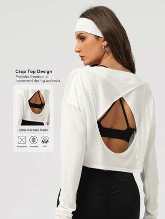 Sodalemon 女式训练运动健身健身房镂空后背宽松罩衫短款上衣柔软长袖瑜伽 T 恤