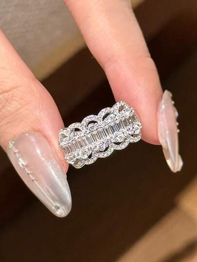 1 قطعة خاتم كلاسيكي ذو تصميم مرصع بشرائط من الماس، رصيع فاخر بتصميم مجوف، خاتم بيان راقي للنساء، مناسب للاستخدام اليومي والحفلات والهدايا للأصدقاء
