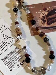 Cuerda de teléfono vintage con diseño de leopardo marrón y perla, accesorio elegante de pulsera corta con cadena de cuentas como decoración de accesorio de cámara para mujeres