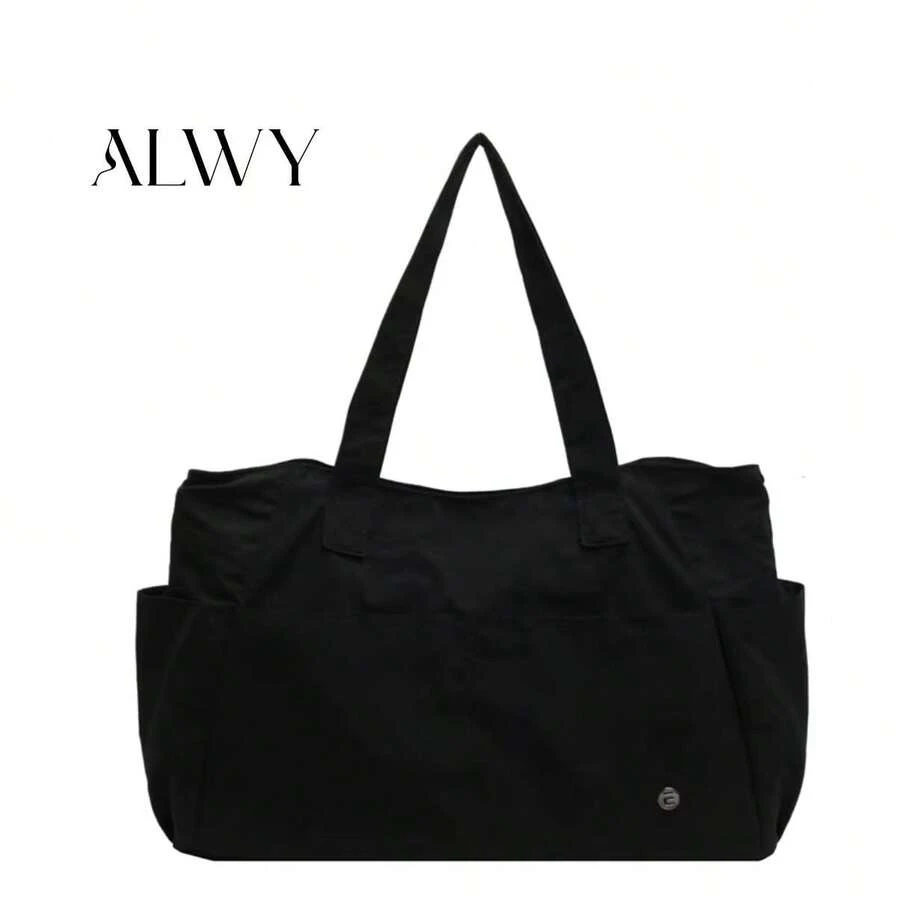 Alwy Women Nylon Gym Bag Workout Sports Fitness Travel Spacious Plain Fabric With Side Pockets Hand Strap Shoulder Blogger Style - màu đen - Xem 1