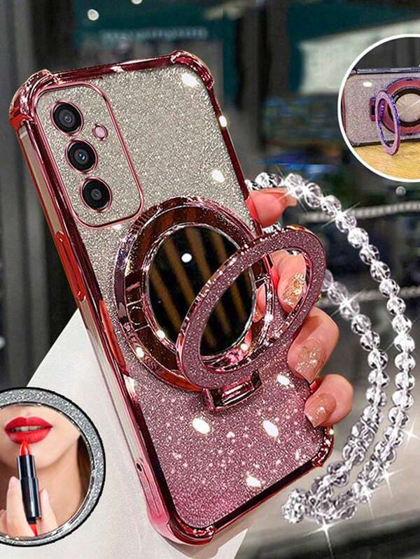 Nuevo estuche antideslizante de 4 esquinas para teléfono + cuerda colgante con perla de papel brillante rosa + espejo de maquillaje circular brillante rosa con soporte magnético integrado, compatible con Galaxy I-Phone 16 Pro 16Pro Max, Sam-Sung S25/S25Plus/S25Ultra, XM HW Redmi A5, Oppo