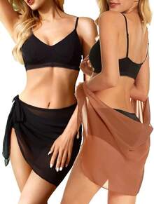 CHICGAL 2 Pieces Women Beach Sarong Bathing Suit Wrap Skirt Sheer Bikini Swimsuit Cover Ups Swimwear - Black Brown - 查看 3