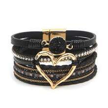 Bohemian PU Leather Wrap Bracelet With Magnetic Clasp Style Heart Charm Bracelet Everyday Wear-No Mosaic Material-All Seasons Easter Gift, Gold Color, For Women