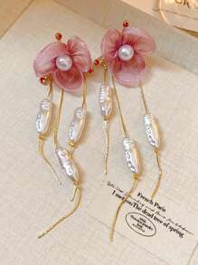 1 par de pendientes elegantes con flor, borla y perla, diseño único de estilo de alta gama para mujer