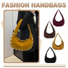 Women Suede Hobo Bag Studded Shoulder Bag Solid Color Handbag - Dark Brown - View 4