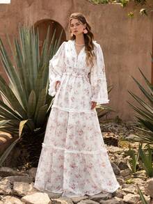 Faeriesty Vestido casual con estilo bohemio y floral con mangas de encaje con volantes y escote en V - Estampado de flores, mangas anchas para picnics de fin de semana, paseos casuales y tardes acogedoras