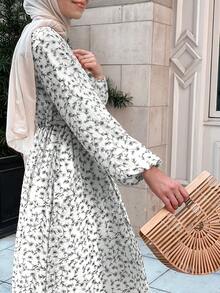 Full Print Elegant & Fashionable Arab Style Casual Long Sleeve Dress - Grey - View 4