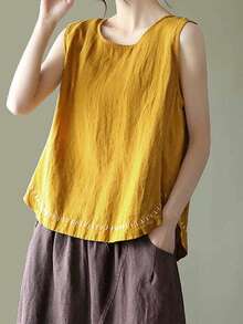 Women's Tank Tops Summer Causal Versatile Solid Color Plus Size Loose Sleeveless Linen Shirt - Yellow - View 5