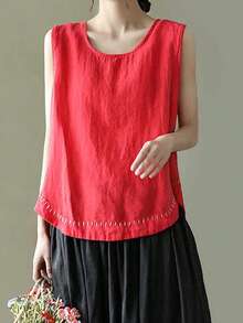 Women's Tank Tops Summer Causal Versatile Solid Color Plus Size Loose Sleeveless Linen Shirt - Red - View 4