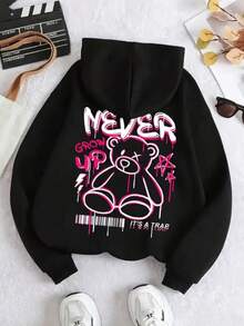 Kangaroo Print Sweatshirt On The Back Plain Front With Pocket Women's Casual Sweatshirt With Adjustable Hood Comfort For All Seasons - 黑色 - 查看 1