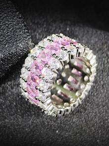 MOONSO 1 件奢华复古粉色三层方晶锆石鸡尾酒戒指，适合女士，适合派对、宴会和礼物，高端感觉 R6156