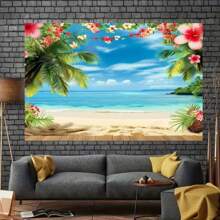 1pc Vibrant Hawaiian Beach Backdrop - Tropical Flower Palm Design, Durable Polyester Material, Perfect For Indoor & Outdoor Photography, Hawaiian Party Theme Decorations, Multipurpose Use