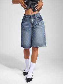 Jeanoix 女式前扣多口袋宽松牛仔短裤、牛仔短裤、休闲日常 - 中等水洗藍 - 查看 5