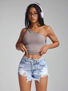 Jeanoix 斜口袋休闲破洞下摆牛仔短裤 - 淺色水洗藍 - 查看 6