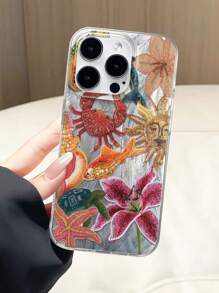 1pc Fashionable Painted Floral, Ocean Crab Design New Large Hole Feather TPU+PC Hybrid Gradient Glossy Protective Phone Case Waterproof Shockproof Anti-Fall Scratch Resistant