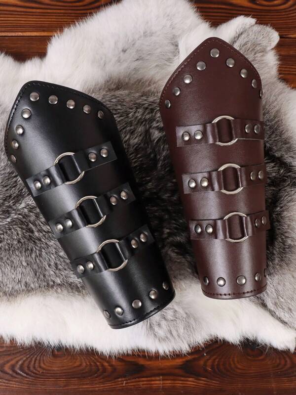 1pc Unisex Brown PU Leather Wrist Cuff With Ring Decor, Vintage Medieval Viking Warrior Costume Accessory, Festival