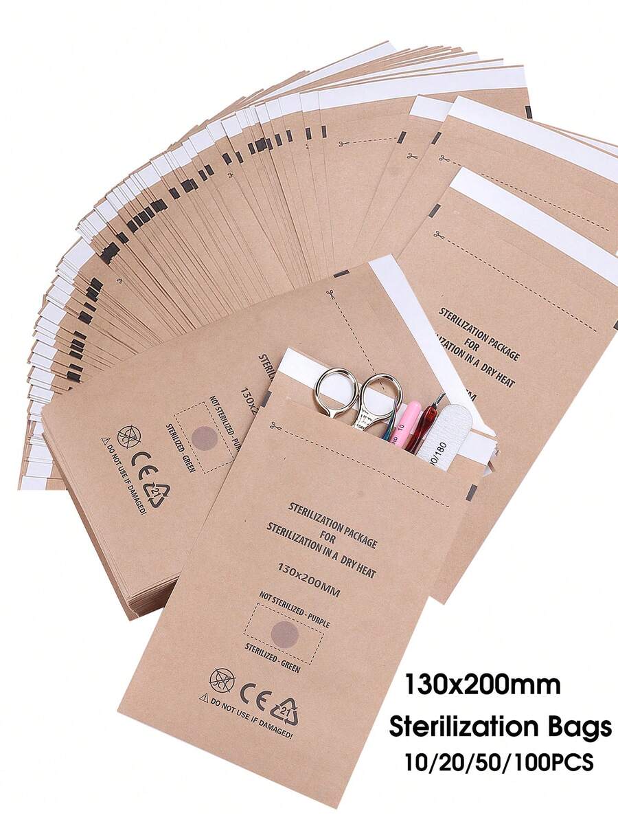 130x200mm Disposable Sterilization Bags, 10/20/50/100pcs Set, Manicure Tool Disinfection Kraft Paper Bags, Manicure Equipment Disinfection Accessories - Brown - View 1