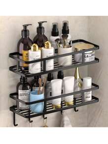 1pc Iron Storage Rack With Hook, Multifunctional Black No Perforation Wall Mounted Corner Storage Rack For Bathroom