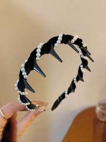 1pc Vintage Velvet Wavy Pearl Headband, High Crown Anti-Slip Toothed Facial Wash Hair Tie, Hair Clip, Hair Tie, Hair Accessory, Suitable For Everyday Wear, Hair Band, Hair Hoop, Hair Accessories ,Head Piece