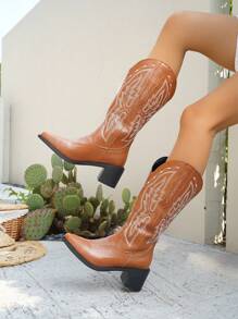 Women's All Season Fashion Embroidered Leather Cowboy Boots, Maillard Brown Pointed Toe Chunky Heel Knee High Boots, Chic Punk Style Chelsea Boots, Outdoor Casual Fashion Riding Boots
