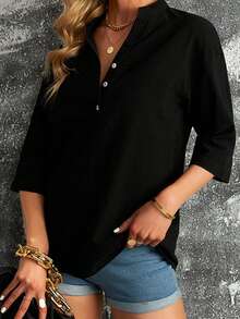 Women Solid Color Shirts Elbow Sleeve Buttons Stand Collar Blouses Summer Loose Casual Tops Streetwear - Negro - Ver 2