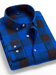 Men's Plaid FLANNEL Shirt Long Sleeve Slim NO POCKET - Biru - View 2