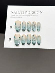 10pcs Medium Oval Nail Tips, Handmade Elegant Nail Sticker Decals - Blue-Green Cat Eye Marble Gradient With White Rhinestone Butterfly Decorations, Suitable For Women And Girls In Various Occasions, Comes With A Nail Set - Multicolor - View 3